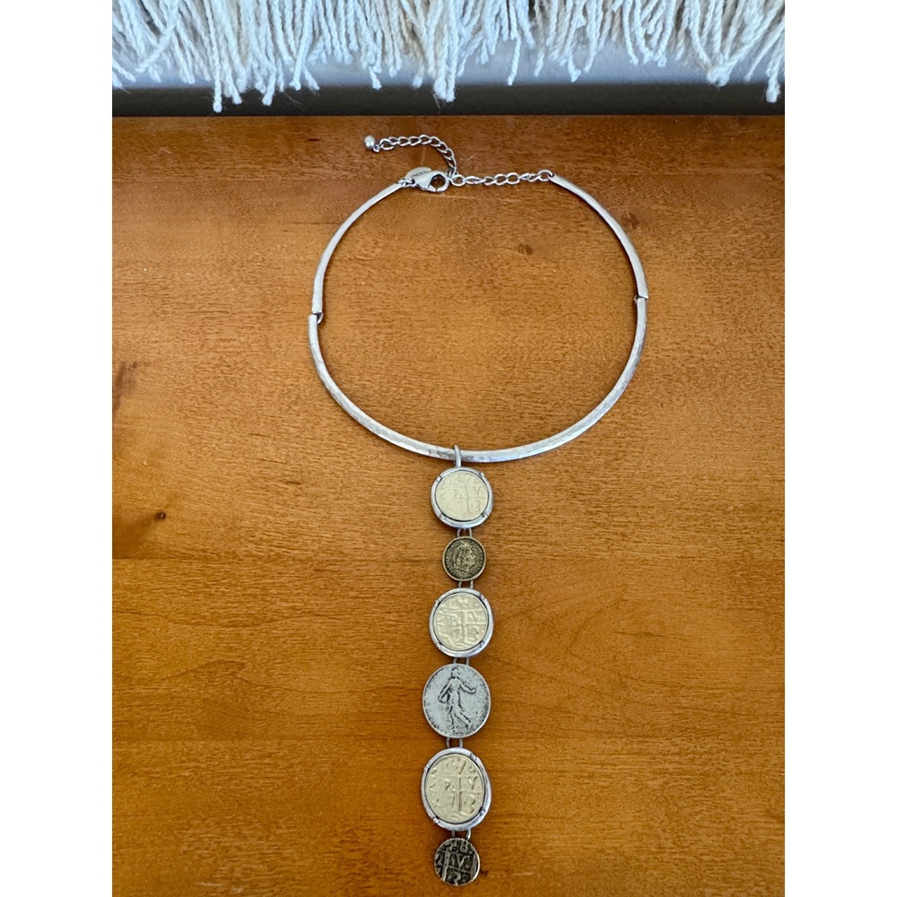 Vintage Chico's Silver Mixed Metal Stacked Coin Vertical Y Drop Choker Necklace